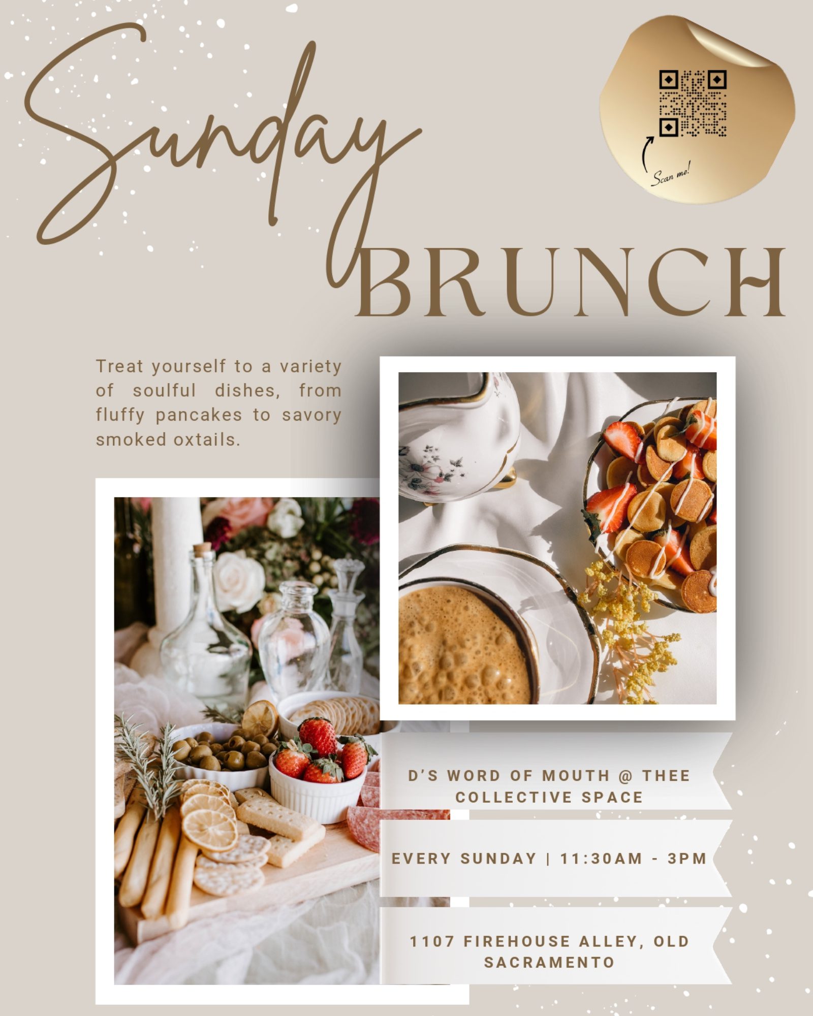 Elegant Sunday brunch table with autumn-themed decor and dishes.